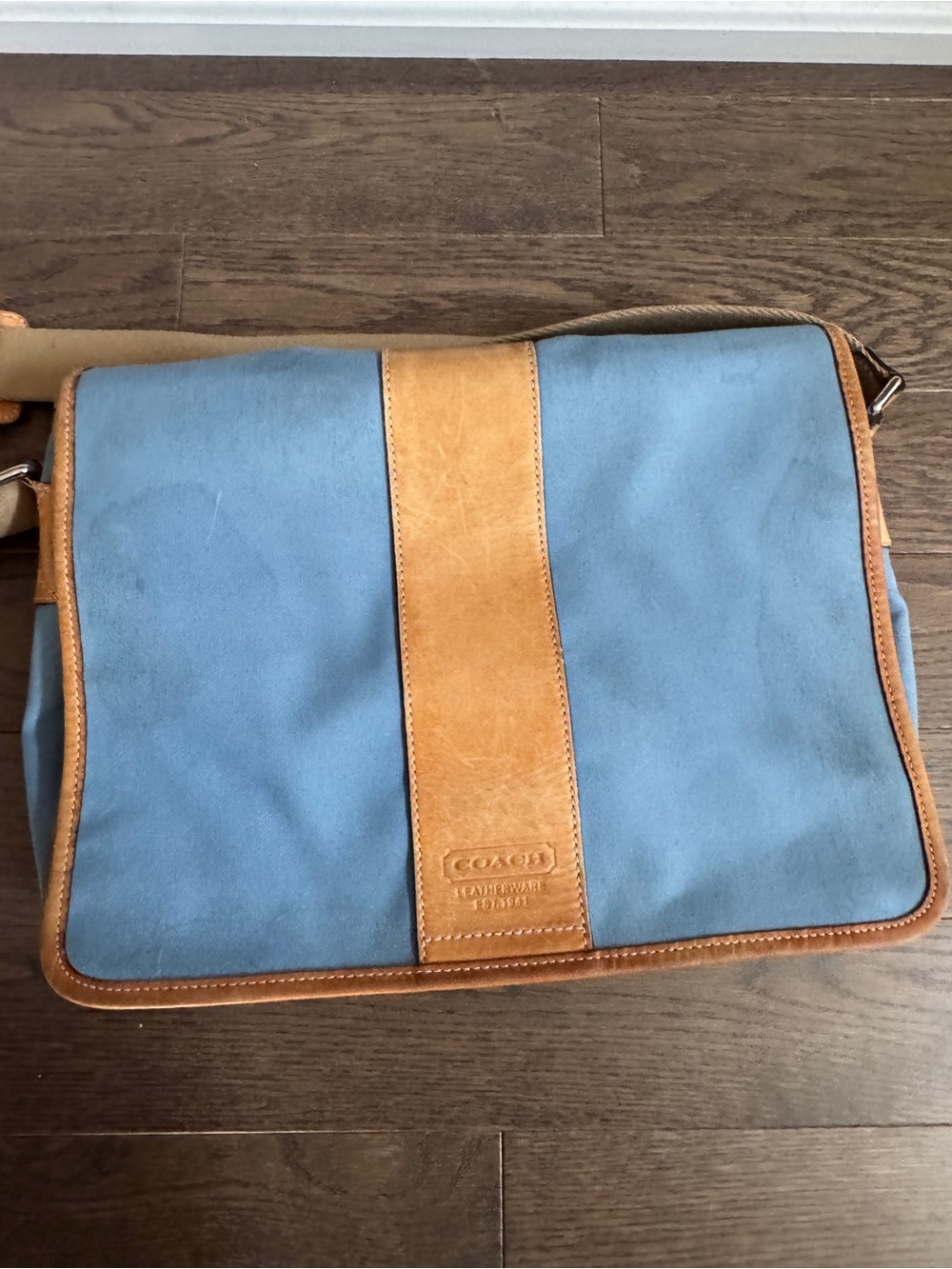 Coach Blue Canvas Messenger with Tan Leather Trim - needs cleaning no rips/tears